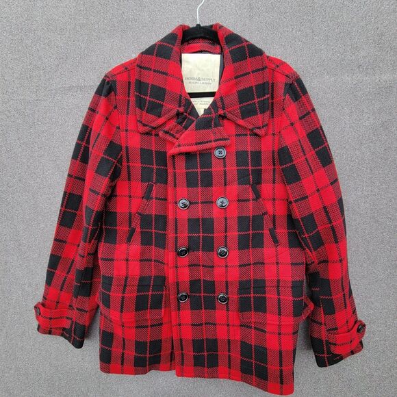 Denim Supply Ralph Lauren M Red Black Buffalo Plaid Double-breasted Pea Coat - Picture 1 of 8